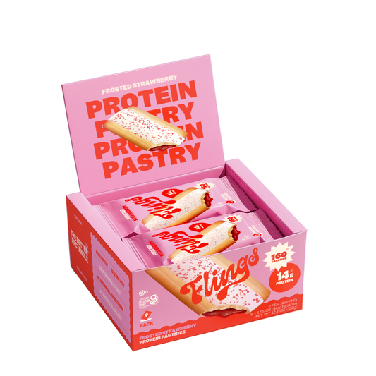 Box of Fluff protein pastries with pink and red design