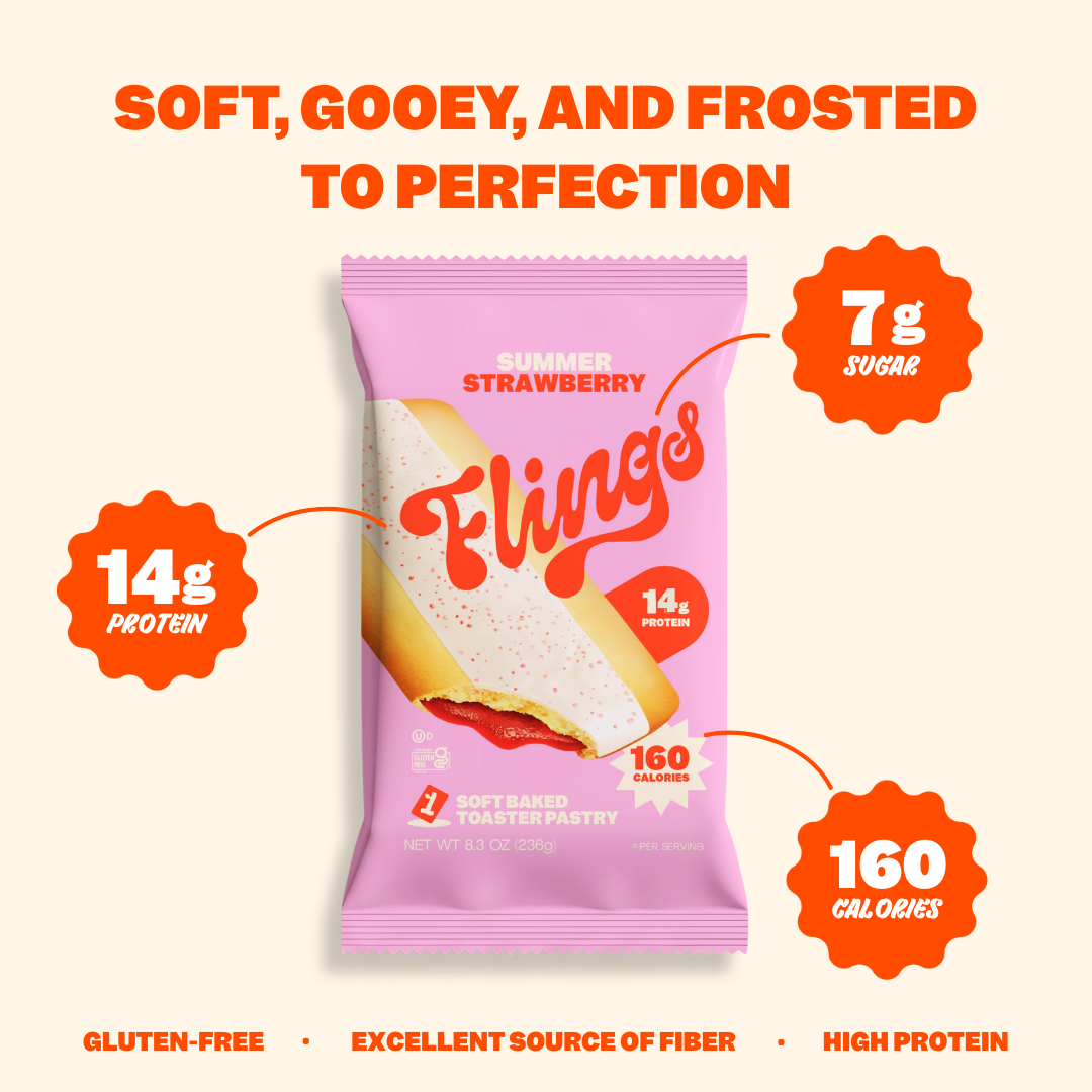 Pink package of 'Fling' snacks with nutritional information on a white background