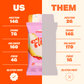 Comparison chart of a protein bar labeled 'US' with detailed nutritional information on an orange and beige background.