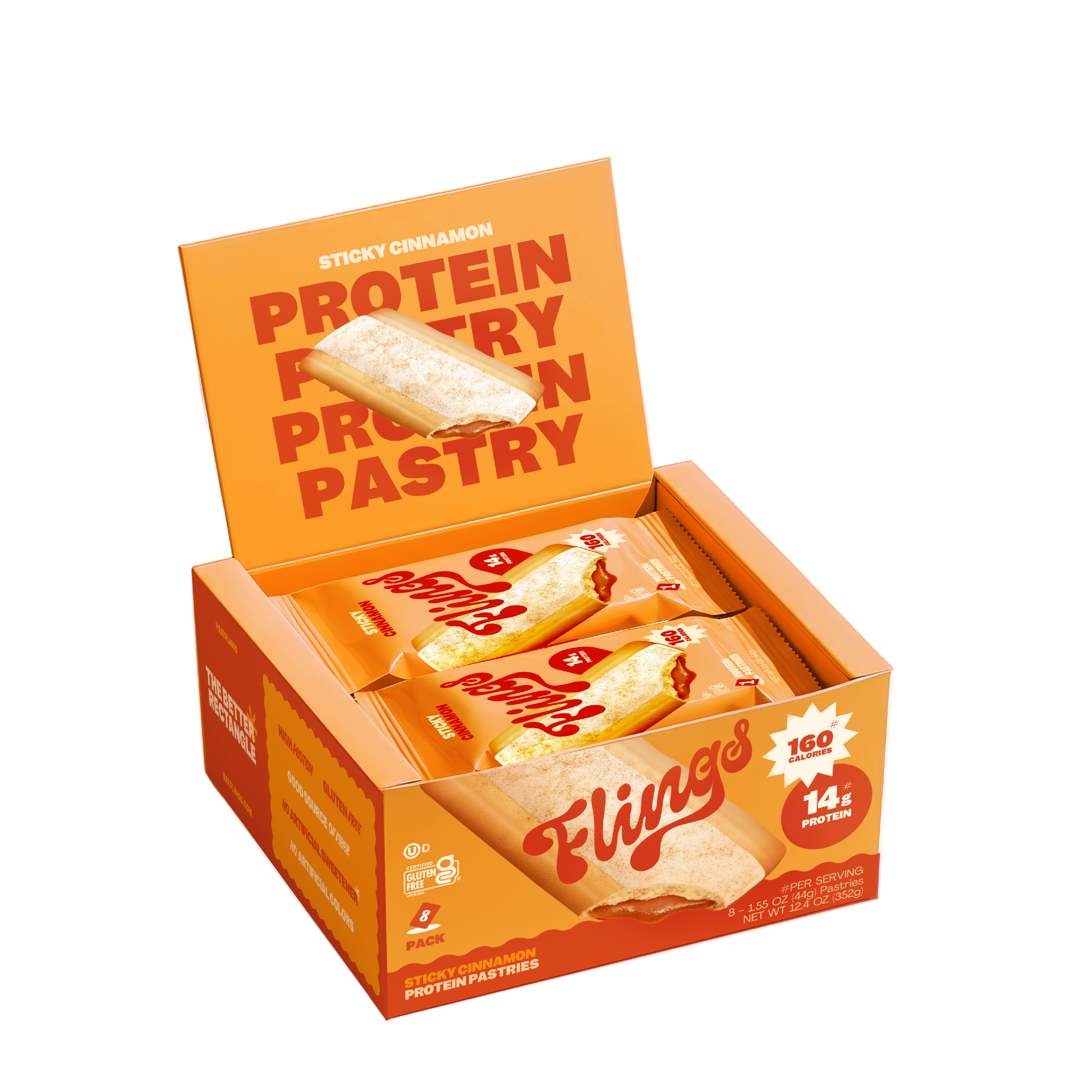 Box of Fling protein pastries with an open lid showing a pastry inside.