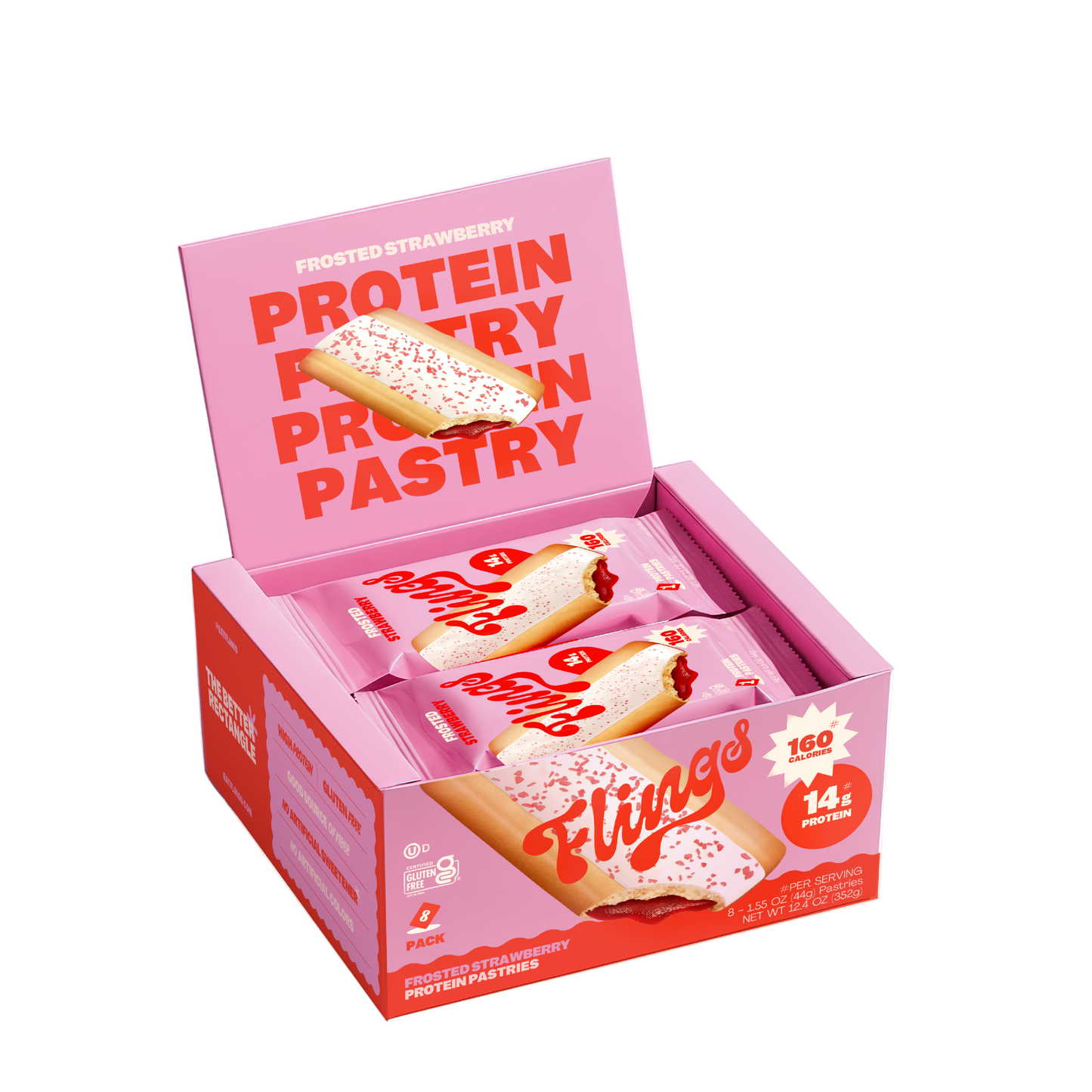 Box of Fluff protein pastries with pink and red design