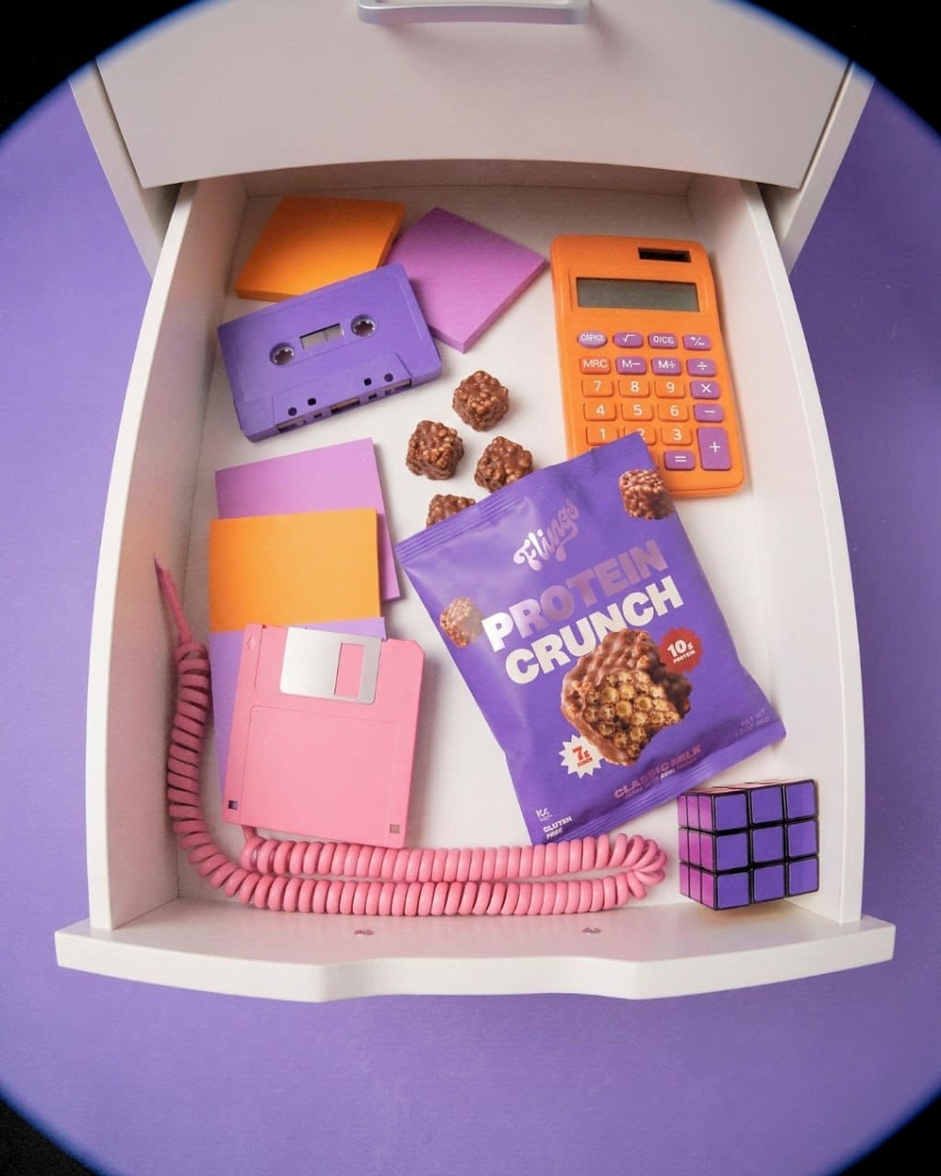 Desk drawer stash: Crunchies bag among retro office supplies